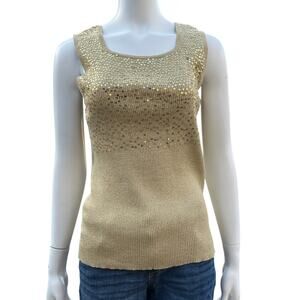 Once 1 again Womens Vintage Gold Shimmer Sequin Knit Sleeveless Blouse Size L